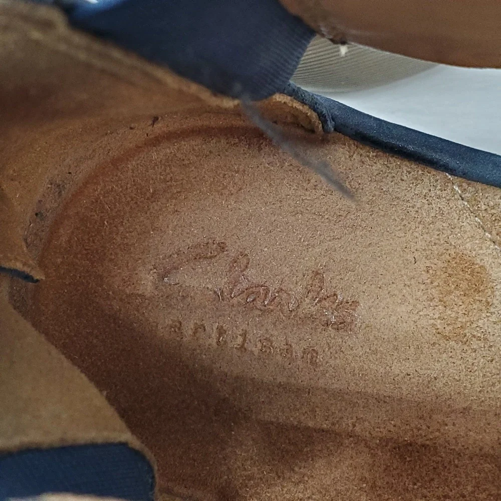 Clarks Artisan Navy Blue Suede Wedge Heel Zipper Sandals Women US 10 EU 41.5